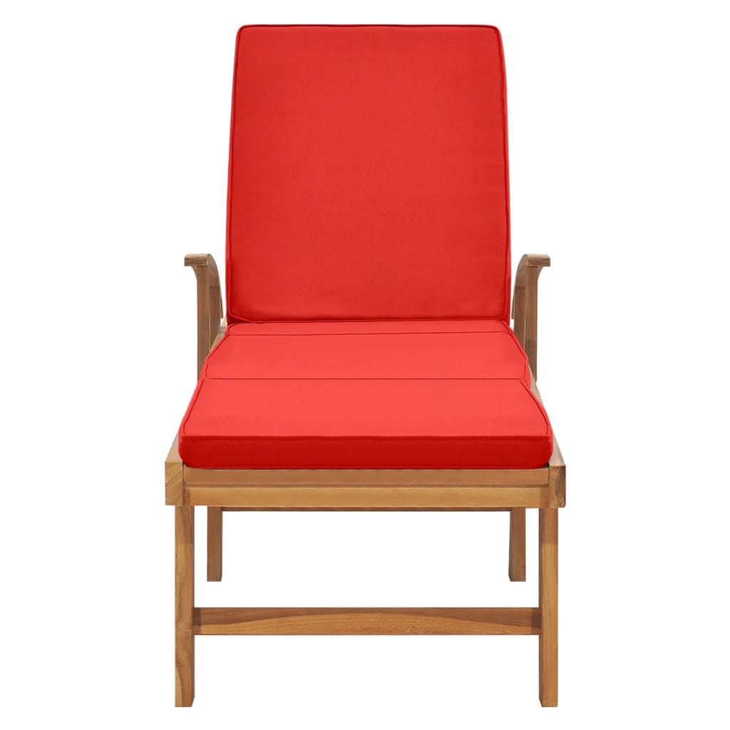 Sun Lounger With Cushion Solid Teak Wood Red