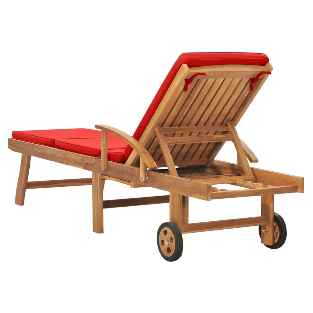 Sun Lounger With Cushion Solid Teak Wood Red