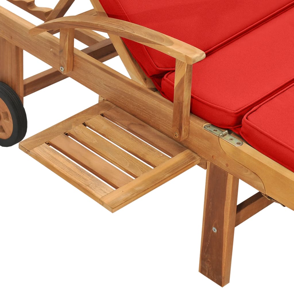 Sun Lounger With Cushion Solid Teak Wood Red