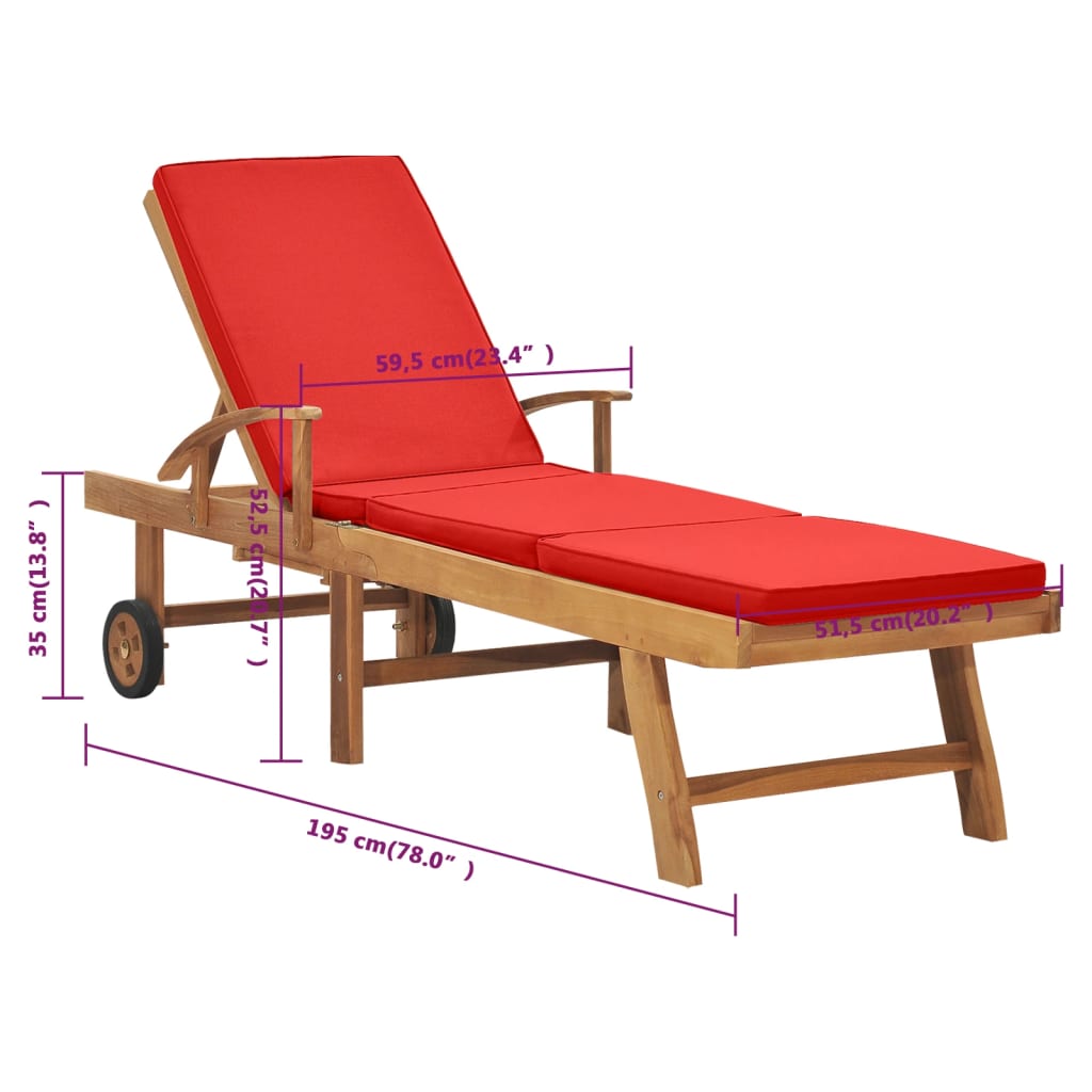 Sun Lounger With Cushion Solid Teak Wood Red