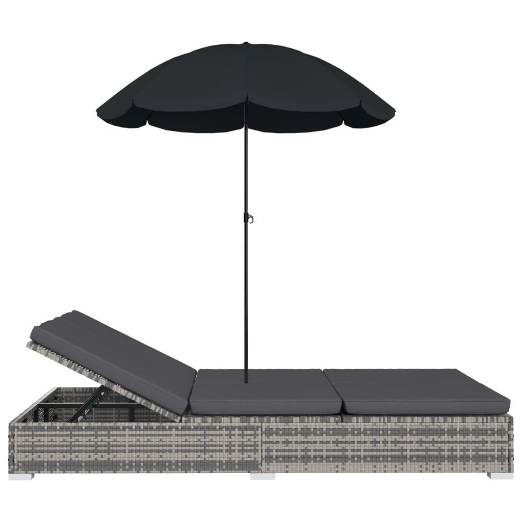 Outdoor Lounge Bed With Umbrella Poly Rattan Grey