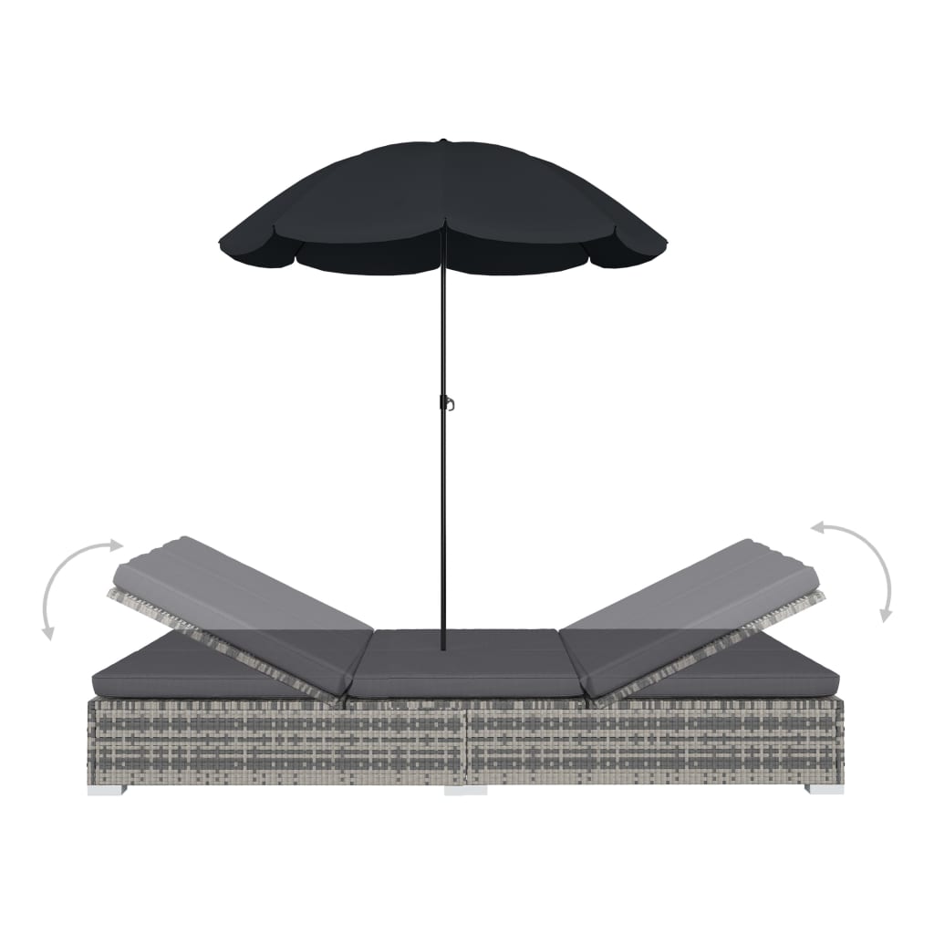 Outdoor Lounge Bed With Umbrella Poly Rattan Grey