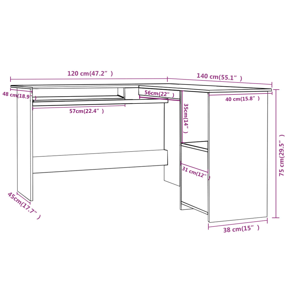 L-Shaped Corner Desk White 120X140X75 Cm Engineered Wood