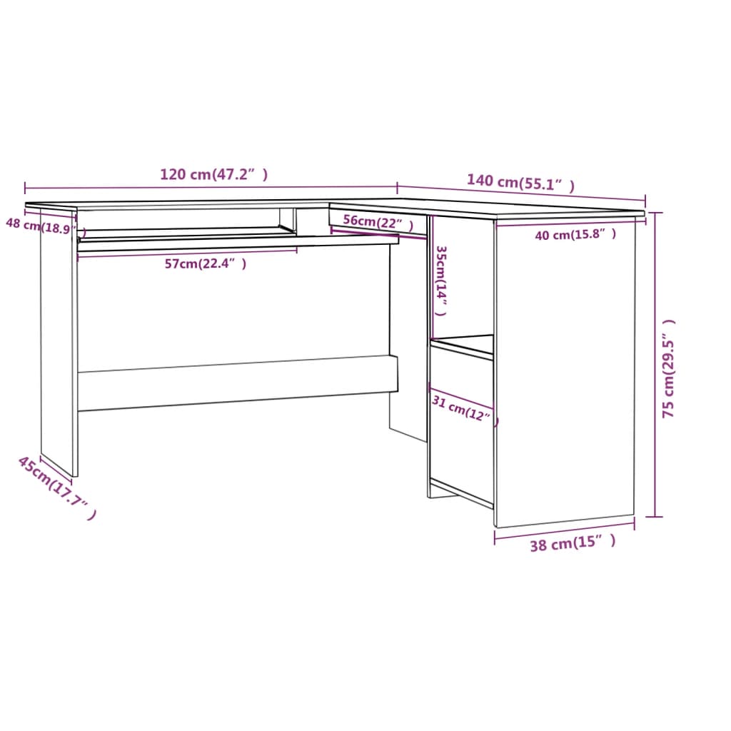 L-Shaped Corner Desk Concrete Grey 120X140X75 Cm Engineered Wood