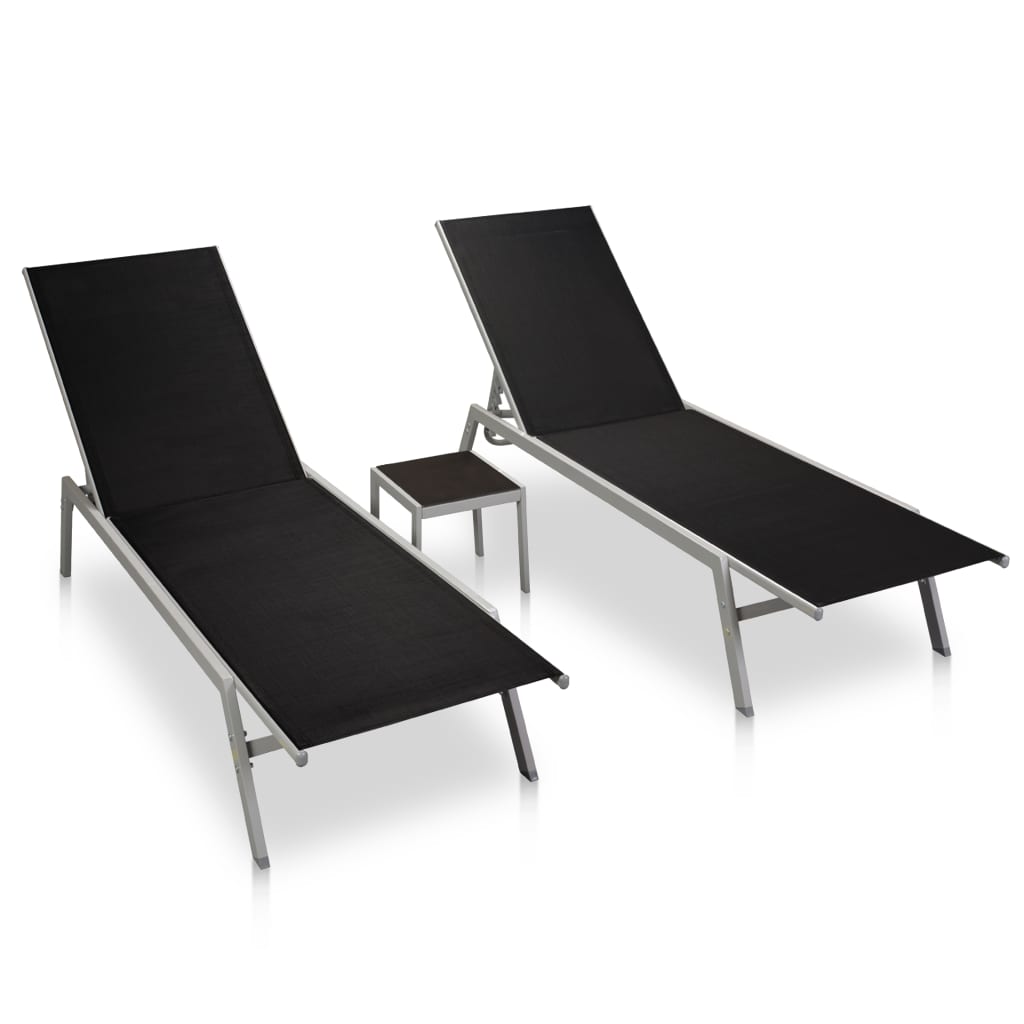 Sun Loungers 2 Pcs With Table Steel And Textilene Black