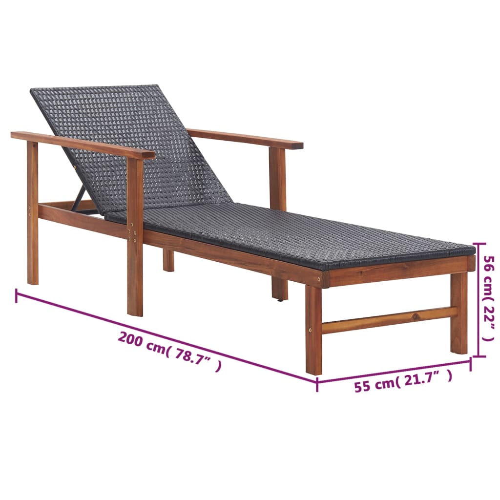 Sun Lounger Poly Rattan And Solid Acacia Wood Black