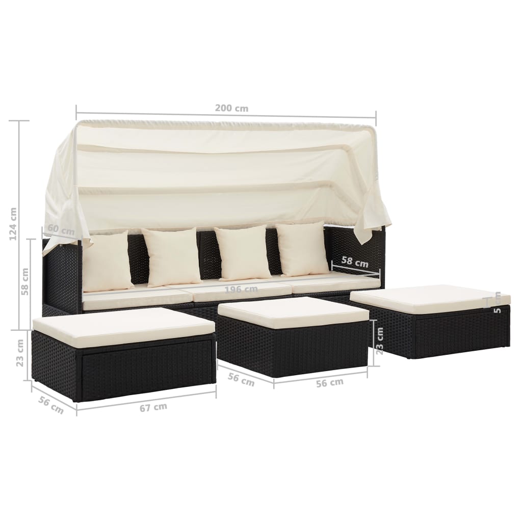 Garden Lounge Bed With Roof Black Poly Rattan