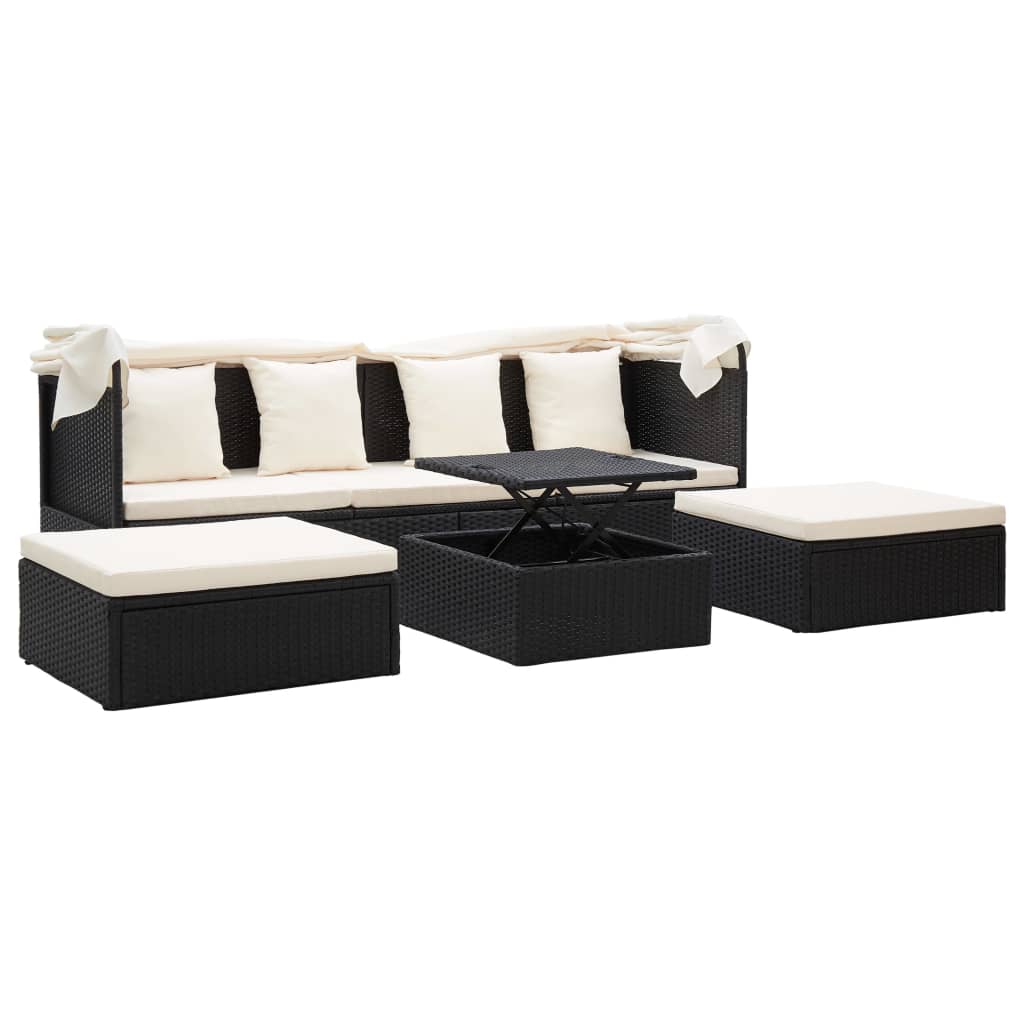 Garden Lounge Bed With Roof Black Poly Rattan