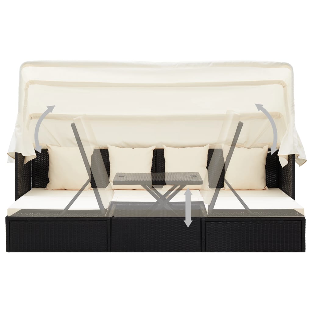 Garden Lounge Bed With Roof Black Poly Rattan