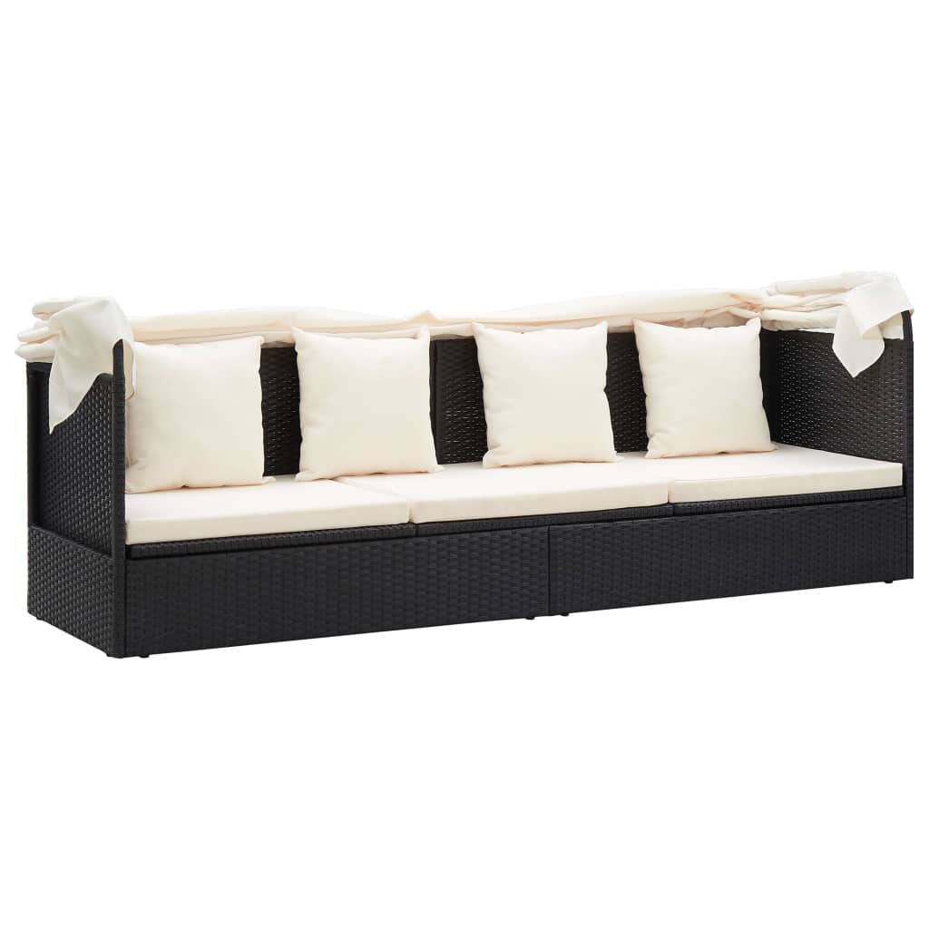 Garden Lounge Bed With Roof Black Poly Rattan