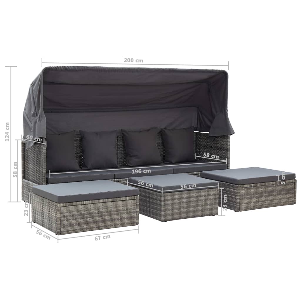 Garden Lounge Bed With Roof Mixed Grey Poly Rattan