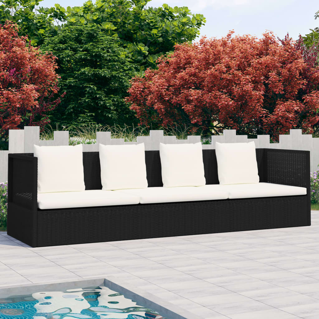 Garden Bed With Cushion & Pillows Poly Rattan Black