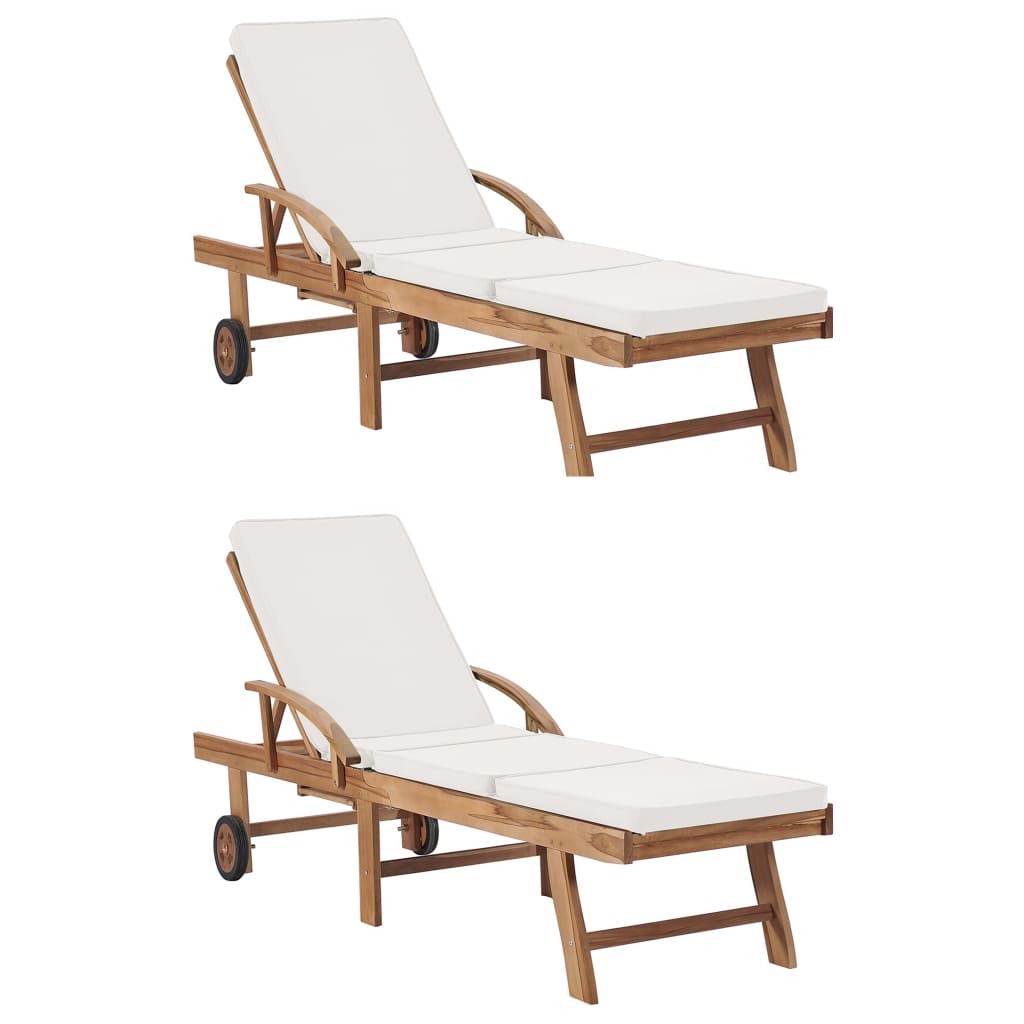 Sun Loungers With Cushions 2 Pcs Solid Teak Wood Cream