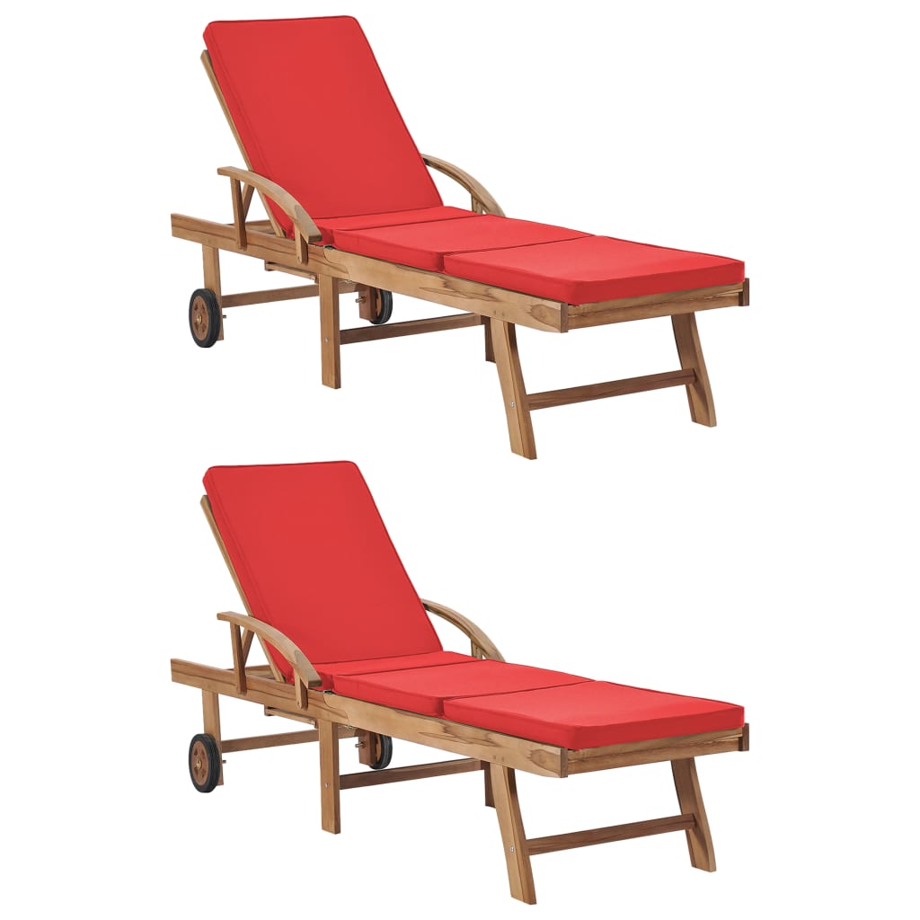 Sun Loungers With Cushions 2 Pcs Solid Teak Wood Red