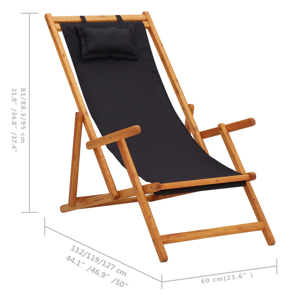 Folding Beach Chair Solid Eucalyptus Wood And Fabric Black