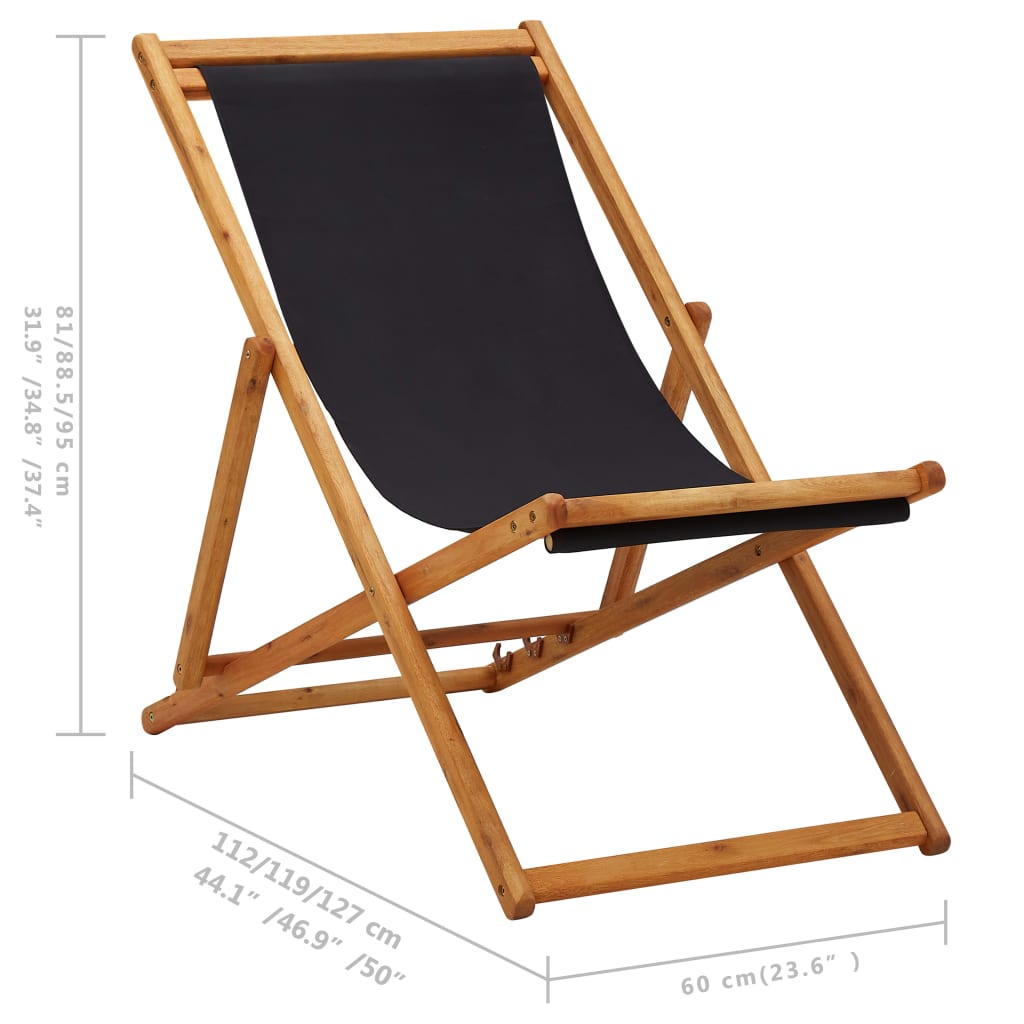 Folding Beach Chair Eucalyptus Wood And Fabric Black