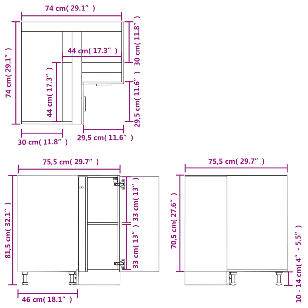 Corner Bottom Cabinet Black 75.5X75.5X81.5 Cm Engineered Wood