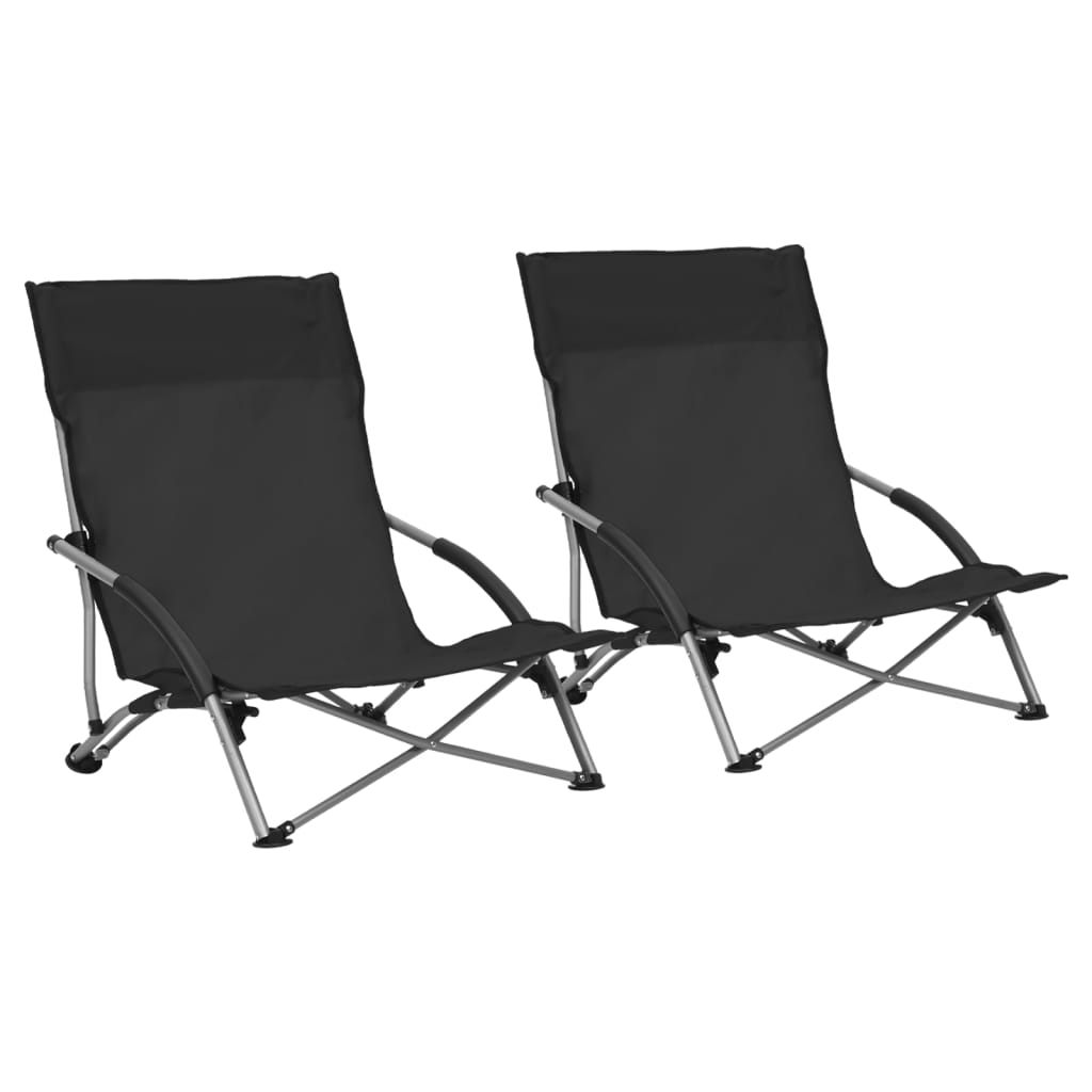 Folding Beach Chairs 2 Pcs Black Fabric