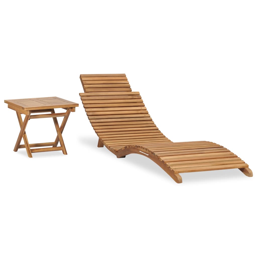 Folding Sun Lounger With Table Solid Teak Wood