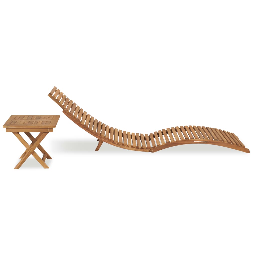 Folding Sun Lounger With Table Solid Teak Wood