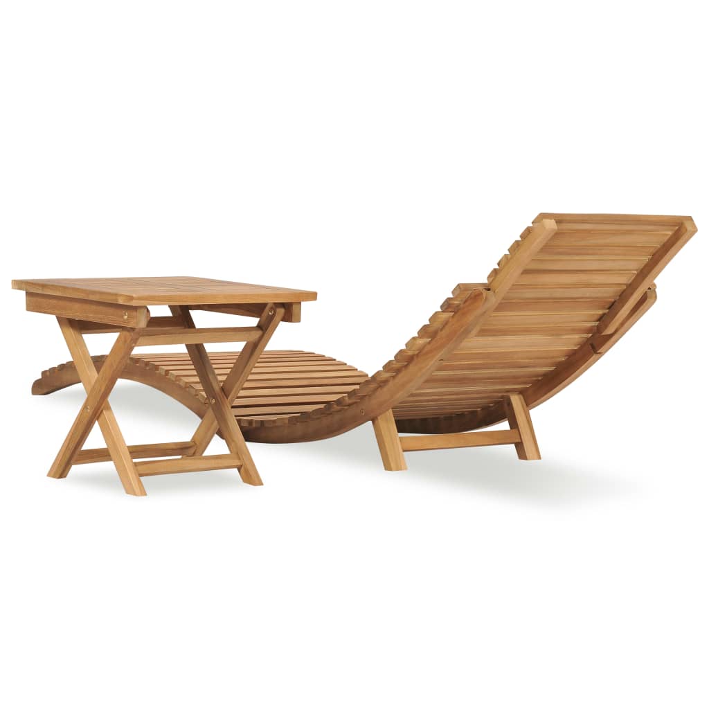 Folding Sun Lounger With Table Solid Teak Wood