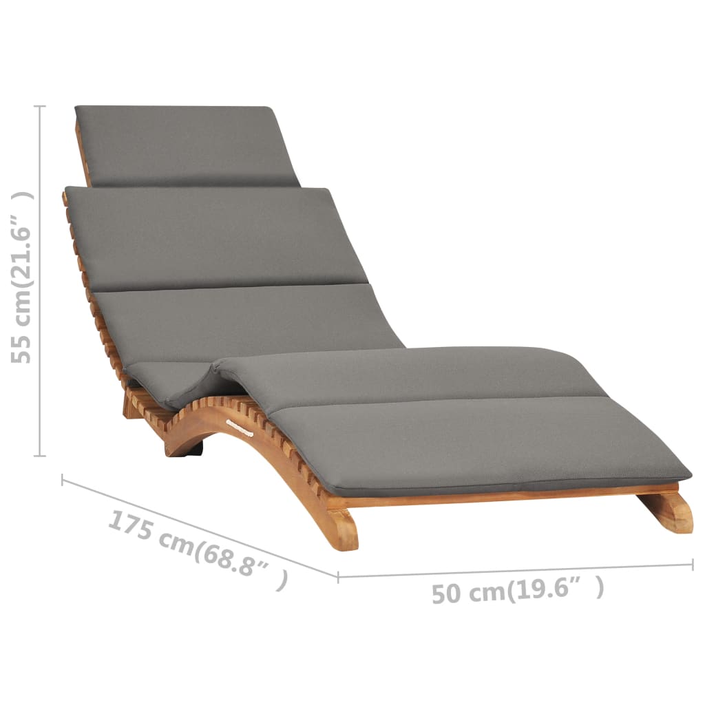 Folding Sun Lounger With Dark Grey Cushion Solid Teak Wood