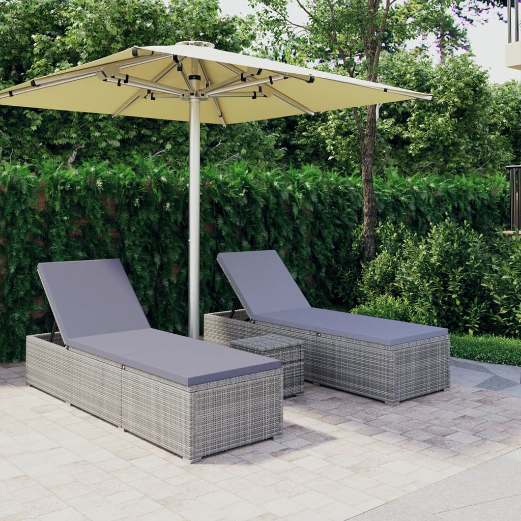 3 Piece Garden Sun Loungers With Tea Table Poly Rattan Grey