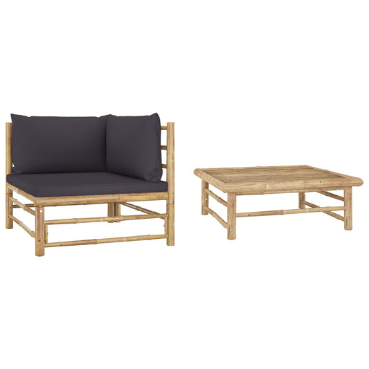 2 Piece Garden Lounge Set With Dark Grey Cushions Bamboo