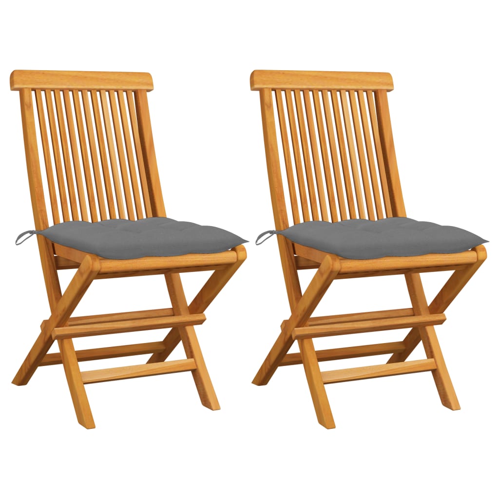 Garden Chairs With Grey Cushions 2 Pcs Solid Teak Wood