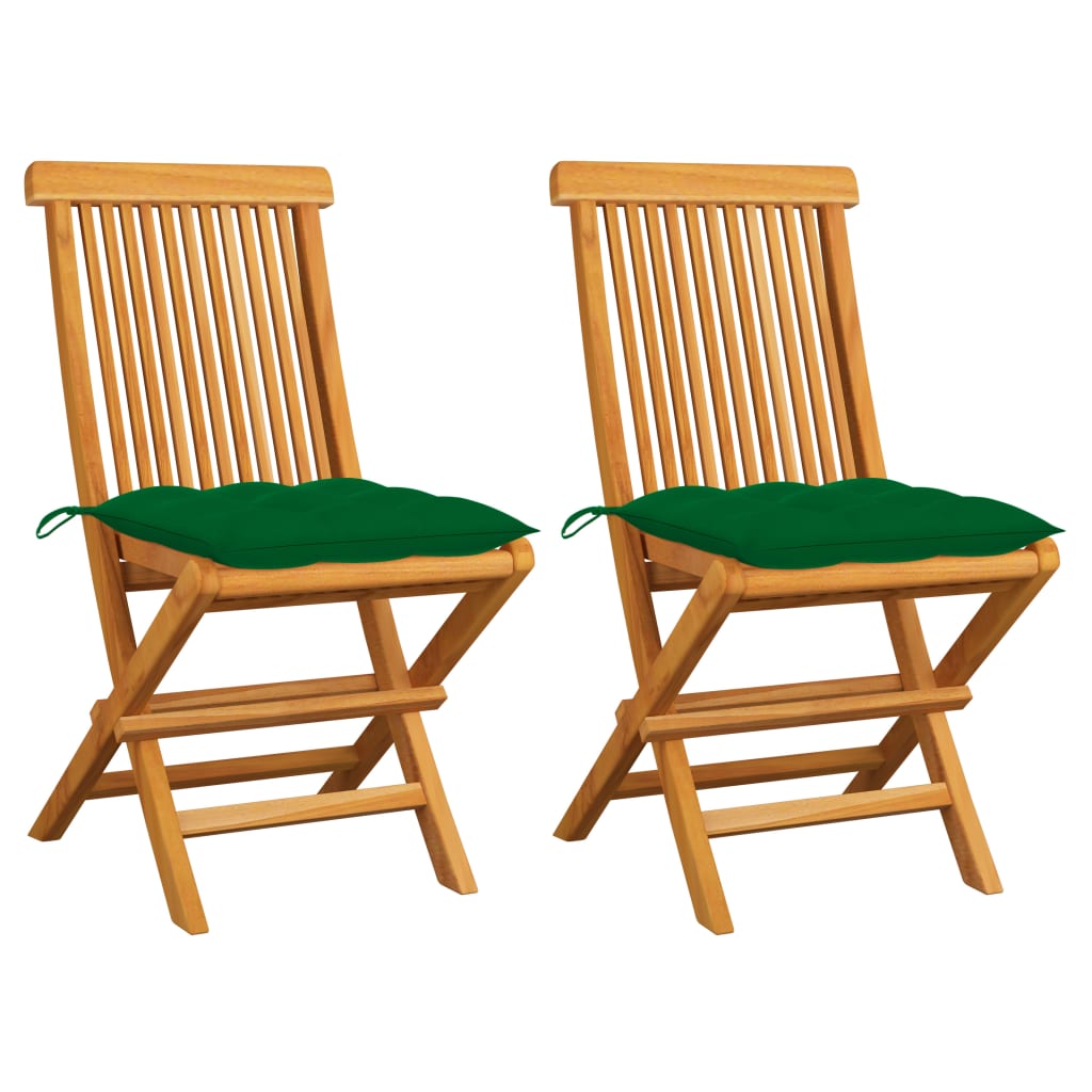 Garden Chairs With Green Cushions 2 Pcs Solid Teak Wood