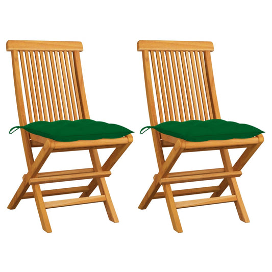Garden Chairs With Green Cushions 2 Pcs Solid Teak Wood