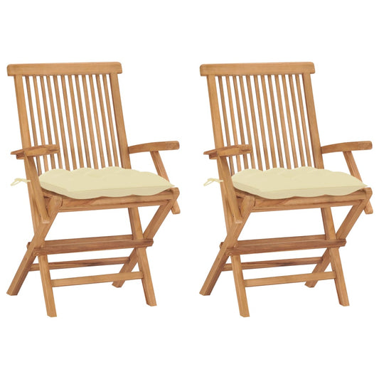 Garden Chairs With Cream White Cushions 2 Pcs Solid Teak Wood