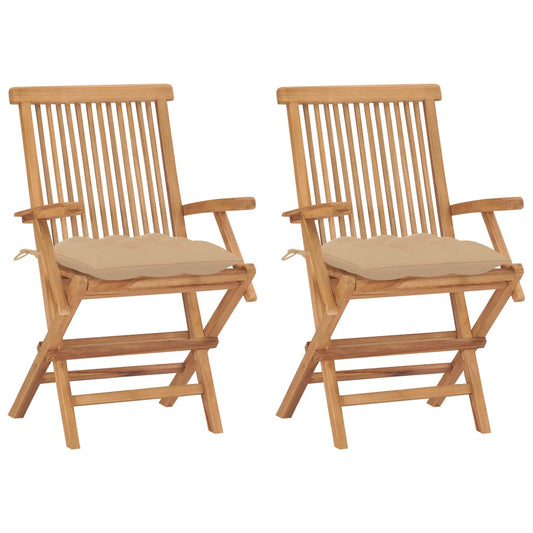 Garden Chairs With Beige Cushions 2 Pcs Solid Teak Wood