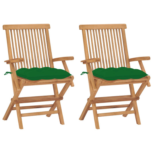 Garden Chairs With Green Cushions 2 Pcs Solid Teak Wood