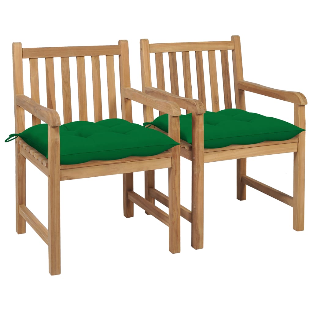 Garden Chairs 2 Pcs With Green Cushions Solid Teak Wood