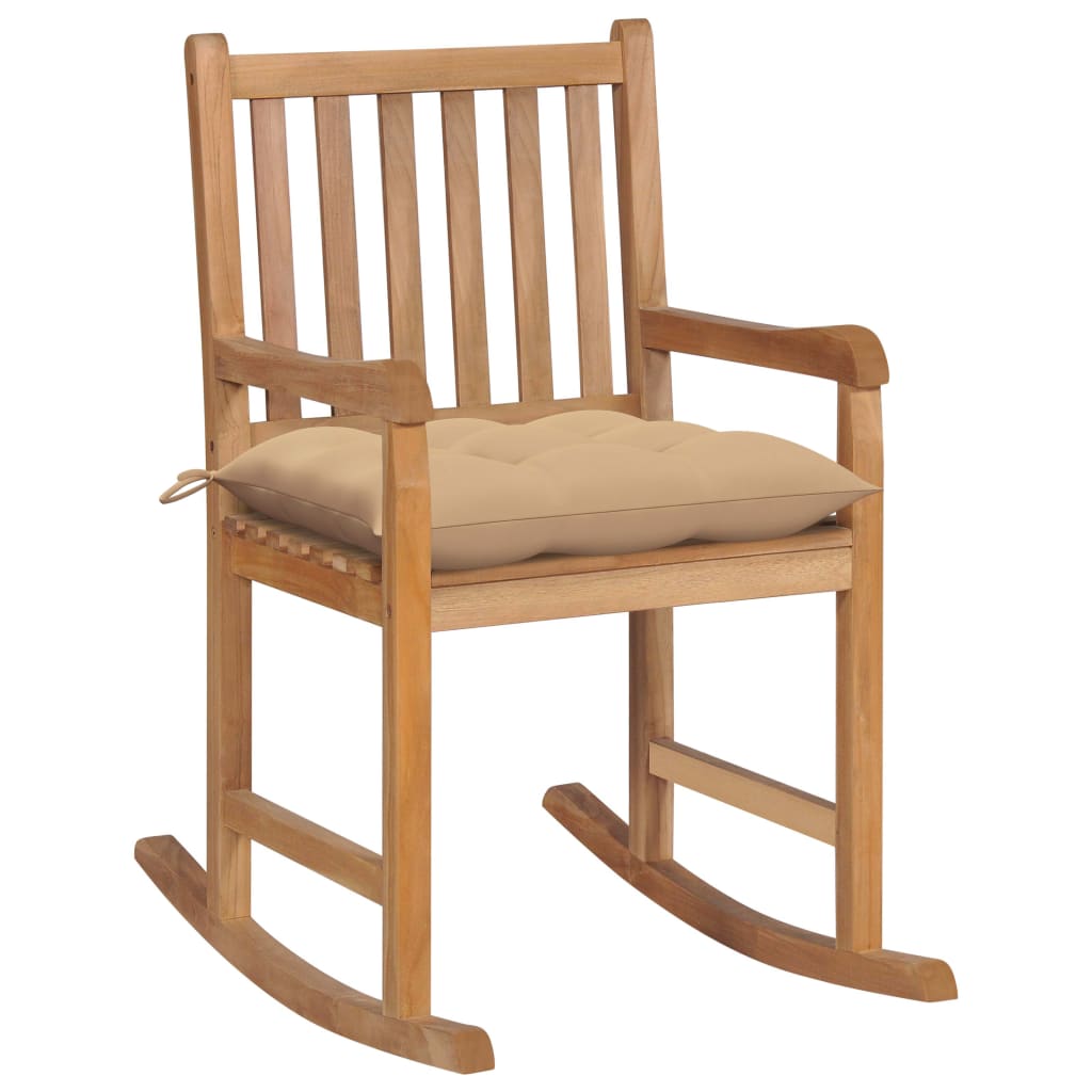 Rocking Chair With Beige Cushion Solid Teak Wood