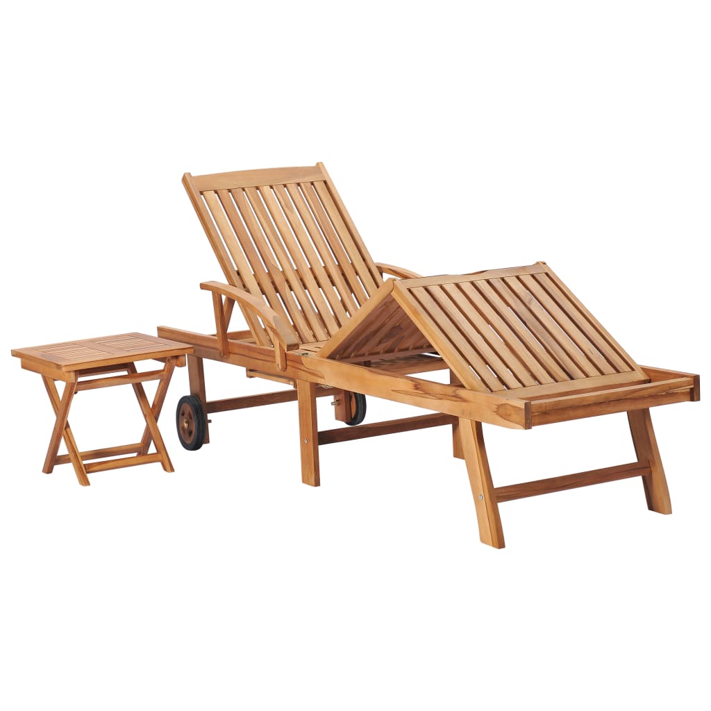 Sun Lounger With Table And Cushion Solid Teak Wood