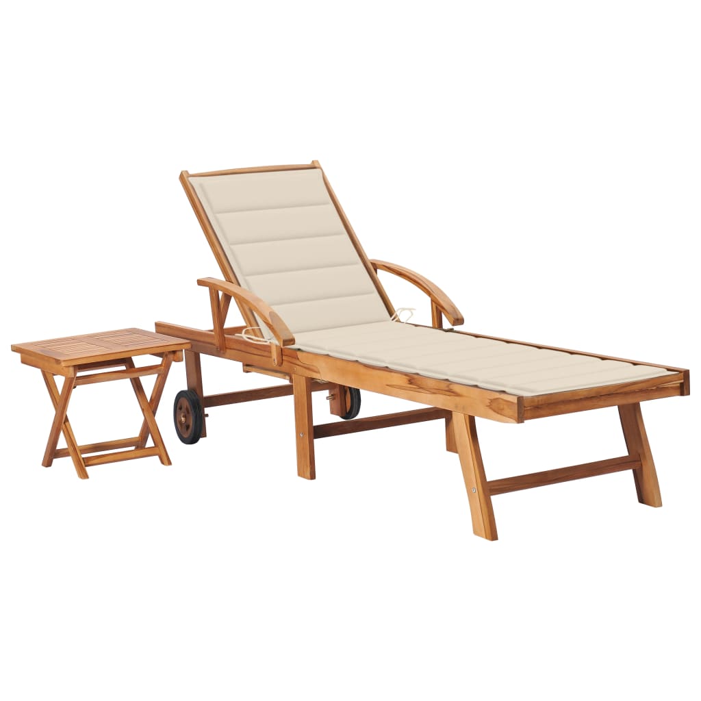 Sun Lounger With Table And Cushion Solid Teak Wood