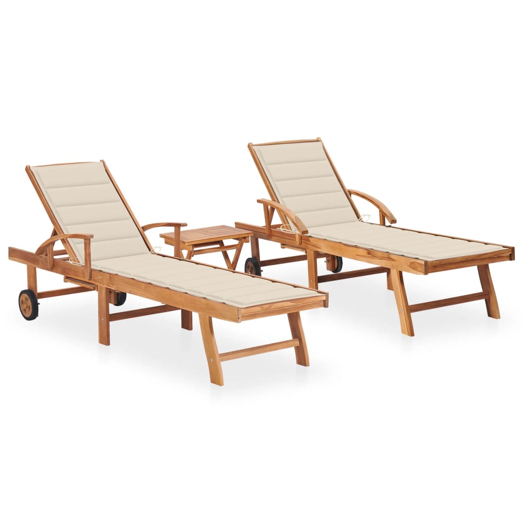 Sun Loungers 2 Pcs With Table And Cushion Solid Teak Wood