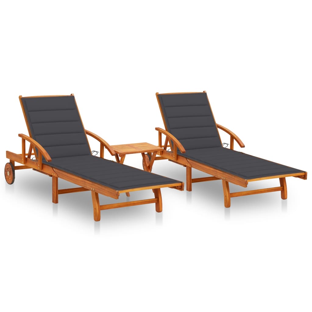 Sun Loungers 2 Pcs With Table And Cushions Solid Acacia Wood