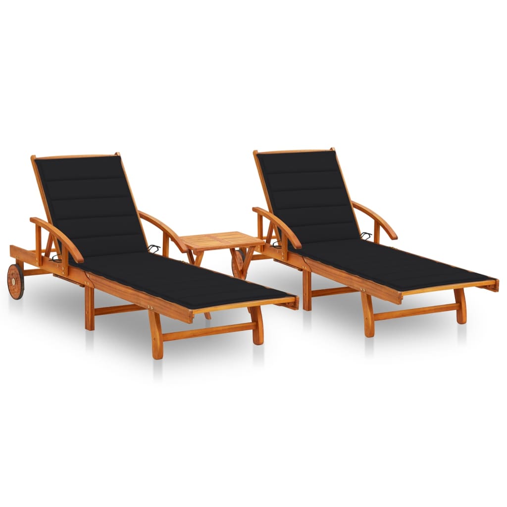 Sun Loungers 2 Pcs With Table And Cushions Solid Acacia Wood