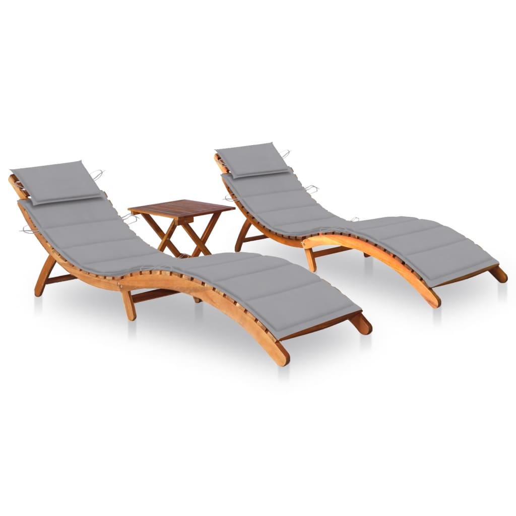 Sun Loungers 2 Pcs With Table And Cushions Solid Acacia Wood