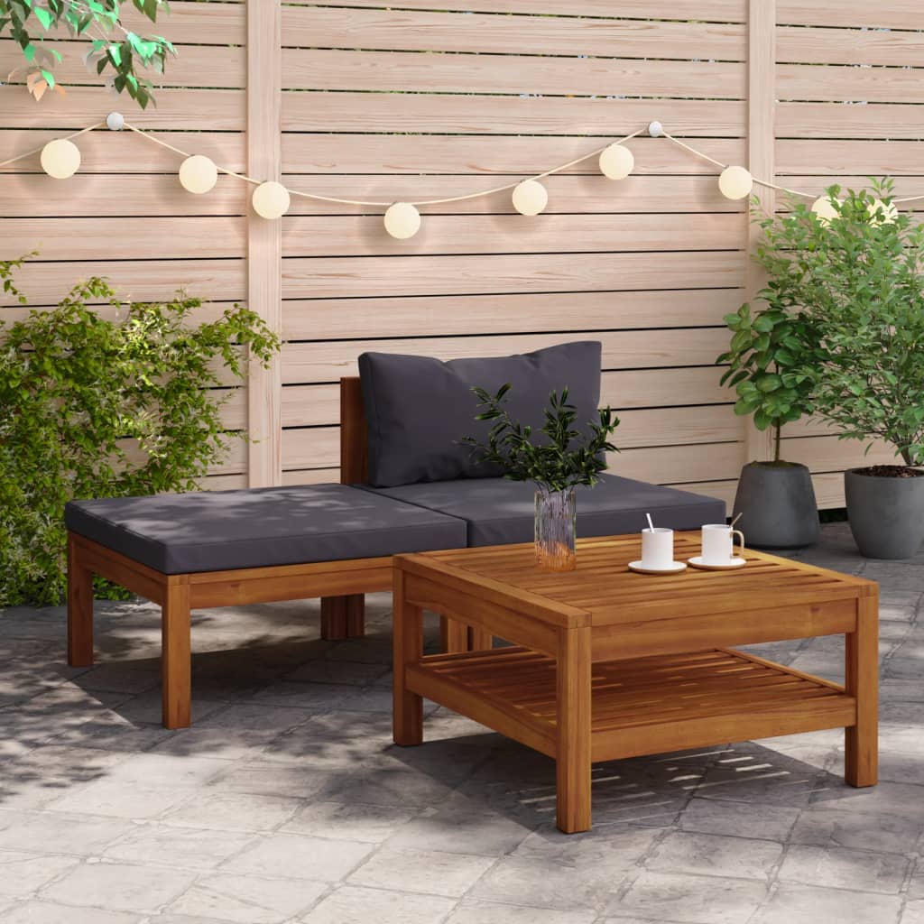 3 Piece Garden Lounge Set With Dark Grey Cushions Acacia Wood