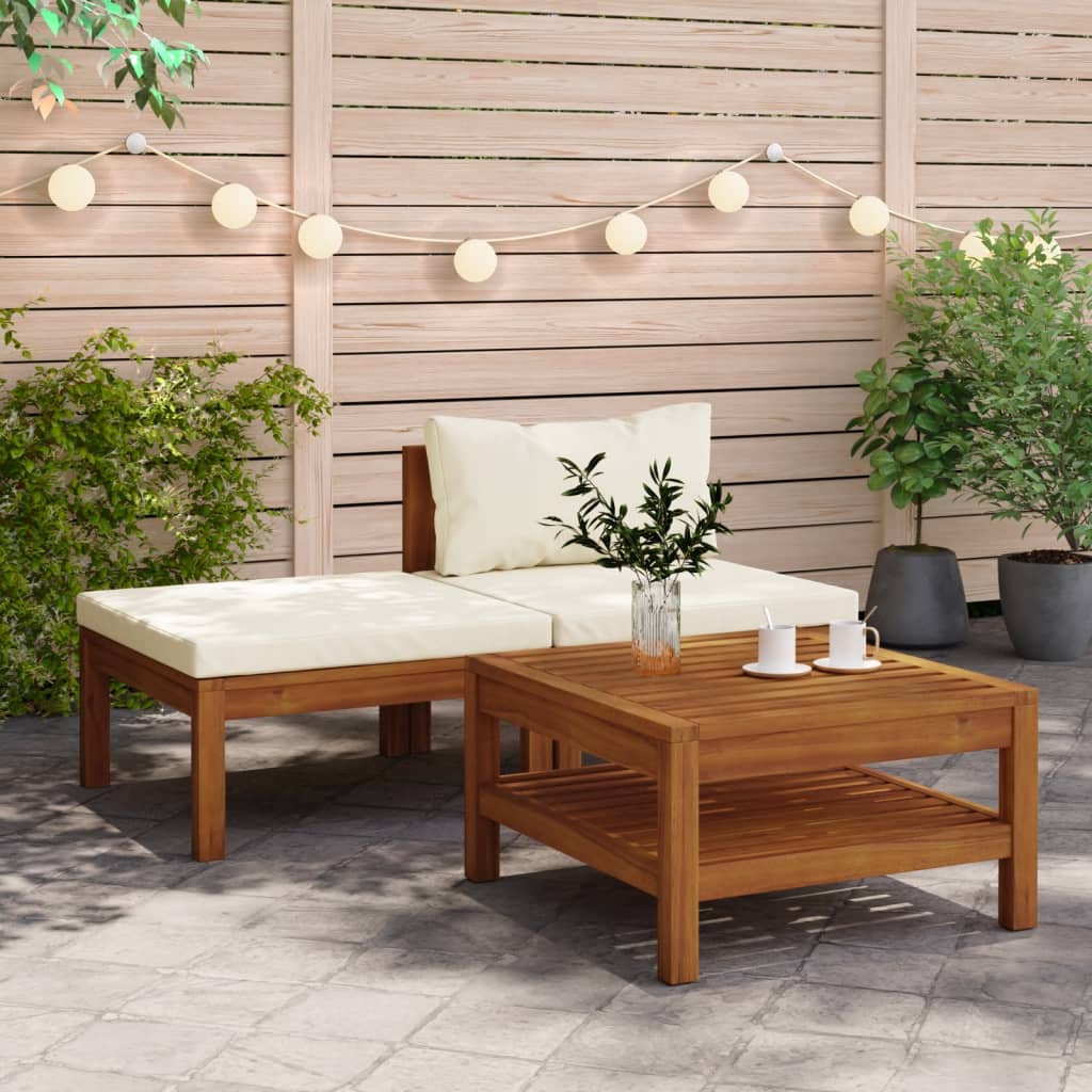 3 Piece Garden Lounge Set With Cream White Cushions Acacia Wood