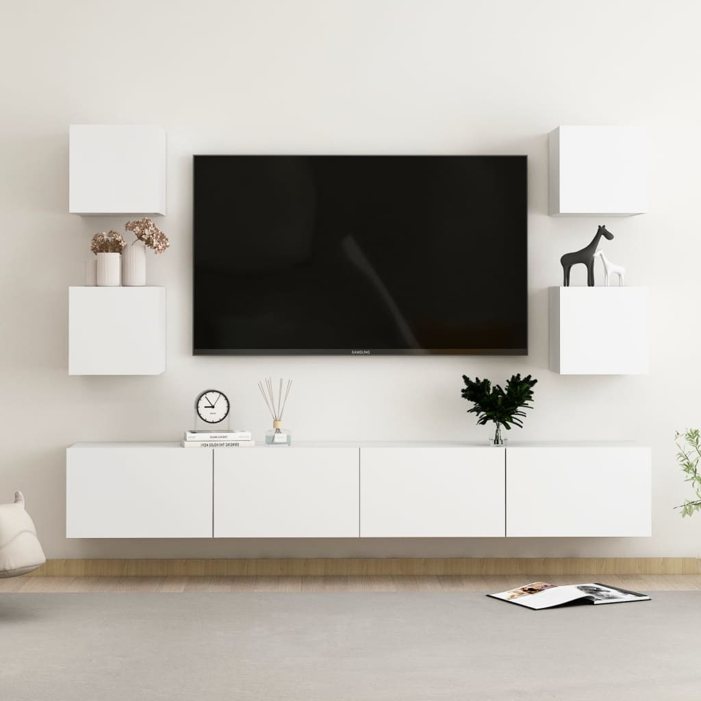 6 Piece Tv Cabinet Set White Engineered Wood