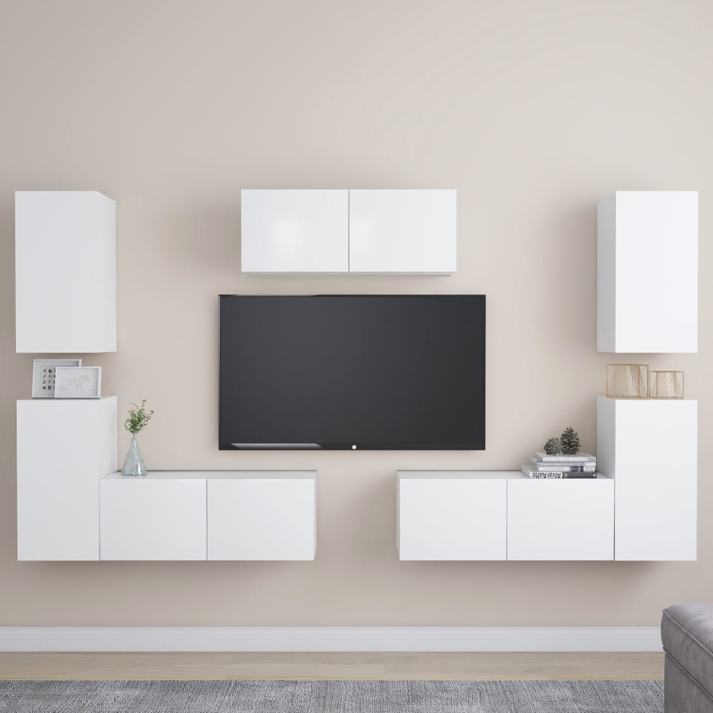 7 Piece Tv Cabinet Set White Engineered Wood
