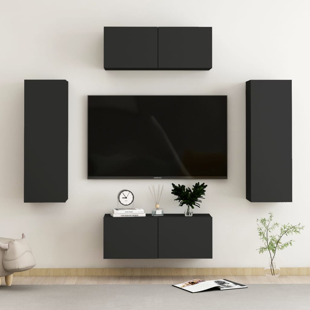 4 Piece Tv Cabinet Set Black Engineered Wood