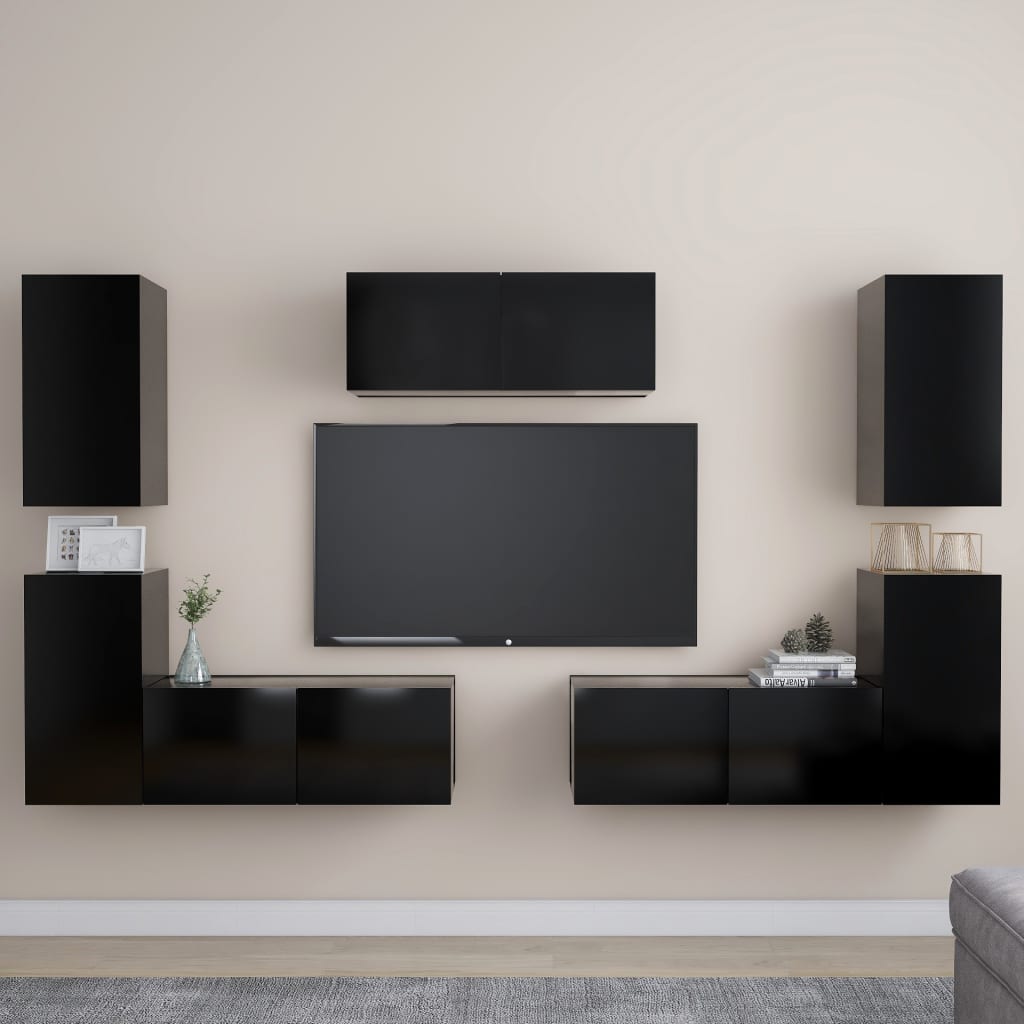 7 Piece Tv Cabinet Set Black Engineered Wood