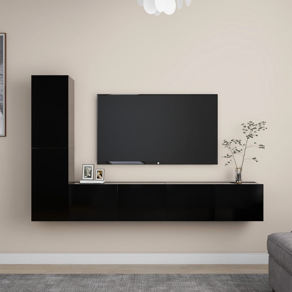 4 Piece Tv Cabinet Set Black Engineered Wood