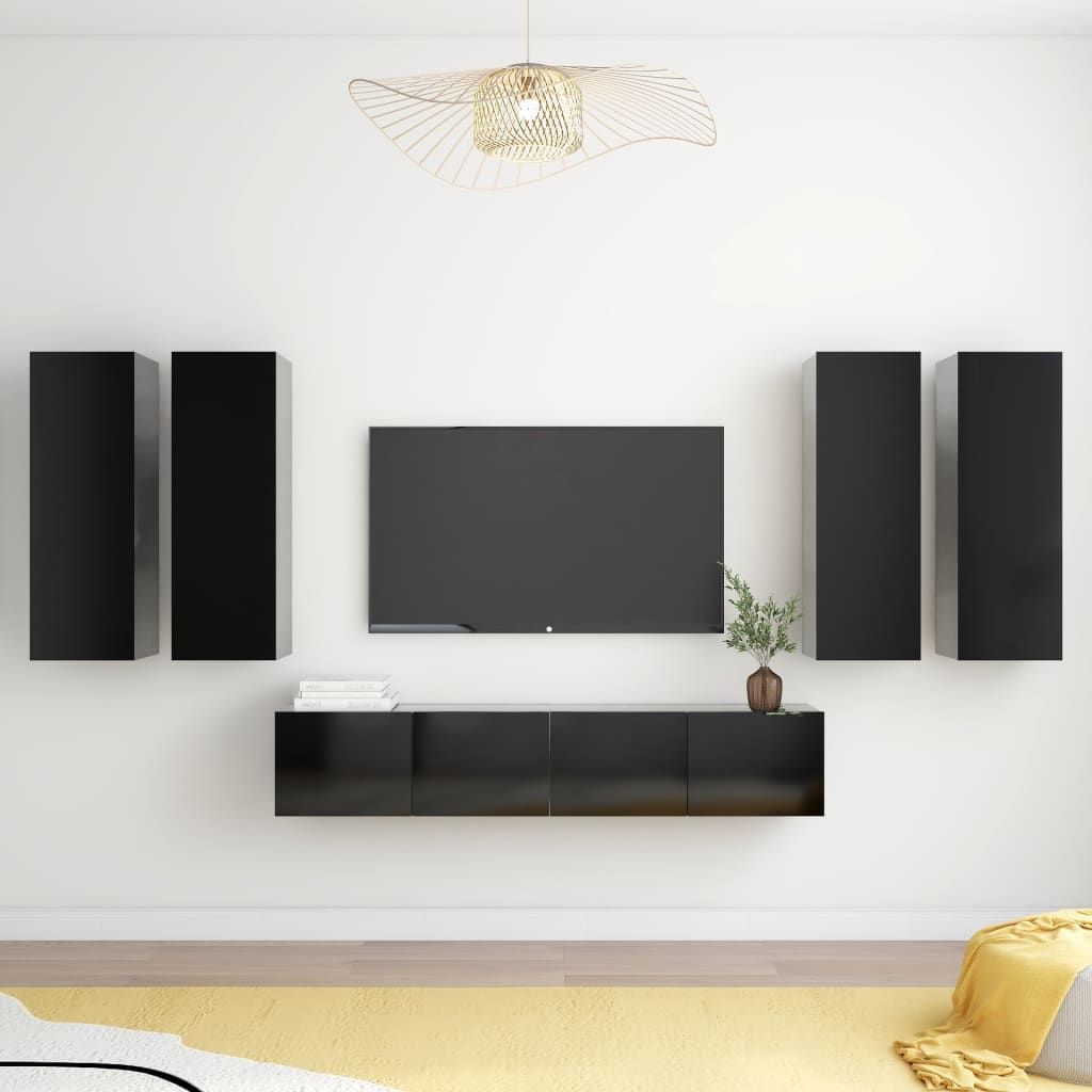 6 Piece Tv Cabinet Set Black Engineered Wood